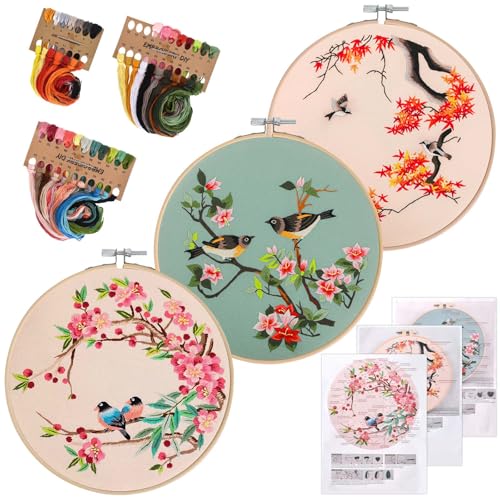 Zimoer Anfänger Stickerei Set, Kreuzstich-Sets Embroidery Starter Kit mit Blumen- und Vogelmuster und Anleitung, Sticktuch, Stickrahmen, farbige Fäden und Werkzeug für DIY Kunst, Handwerk (Stil A) von Zimoer