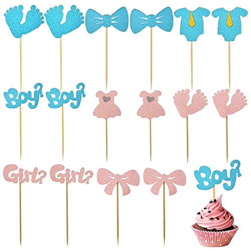 Zimoer Cupcake Toppers Glitter, Cake Toppers, Toppers Glitter Blau und Rosa, Gender Reveal Tortendekoration für Baby Shower, Tortendeko mit 8 Mustern Geschlecht Offenbaren Kuchendekoration von Zimoer