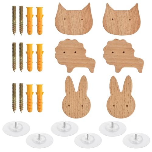 Zimoer Schrankknöpfe Holz fur Kinderzimmer,6 Stück Tier Holz Schubladengriff,Holz-Kommodenknöpfe mit Schrauben,Holzknäufe mit Tiermotiven,Holzgriffe für Schränke(cat,rabbit,lion) von Zimoer