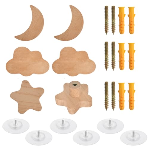 Zimoer Schrankknöpfe Holz fur Kinderzimmer,6 Stück Tier Holz Schubladengriff,Holz-Kommodenknöpfe mit Schrauben,Holzknäufe mit Tiermotiven,Holzgriffe für Schränke(star,moon,cloud) von Zimoer