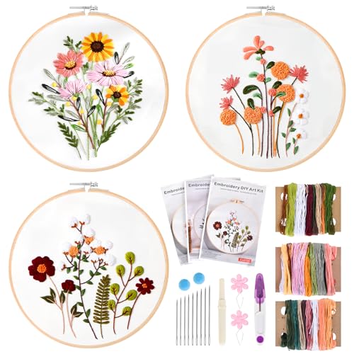 Zimoer Stickerei Set,Sticken Für Anfänger,Blumenmuster Pflanzen Stickset Für Anfänger,Mit 2 Stück Bambus Stickrahmen,Handstickerei-Kits Für Erwachsene,DIY Kunstprojekt Bastelset,Kreuzstich Set von Zimoer