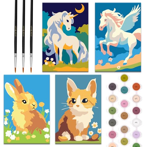 Zimrobin 4 Pack Malen Nach Zahlen für Kinder –12×8cm Malen Nach Zahlen Kinder ab 5 6 7 Jahre Mädchen und Junge，Kreatives Geschenk mit 3 Pinsel und Acrylfarben（Einhorn,Kaninchen,Kätzchen） von Zimrobin