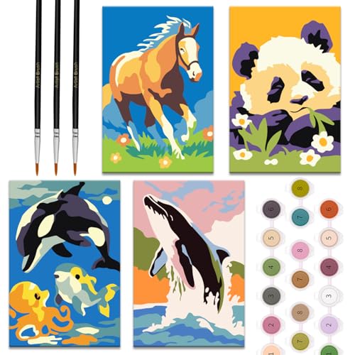 Zimrobin 4 Pack Malen Nach Zahlen für Kinder –12×8cm Malen Nach Zahlen Kinder ab 5 6 7 Jahre Mädchen und Junge，Kreatives Geschenk mit 3 Pinsel und Acrylfarben（Wal, Panda，Pferd） von Zimrobin