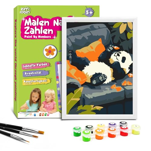 Zimrobin Malen Nach Zahlen für Kinder –13×18cm Malen Nach Zahlen Kinder ab 5 6 7 Jahre Mädchen und Junge，Kreatives Geschenk mit Rahmen 3 Pinsel und Acrylfarben(Panda auf dem Sofa) von Zimrobin