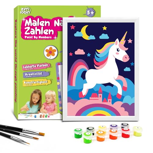 Zimrobin Malen Nach Zahlen für Kinder –13×18cm Malen Nach Zahlen Kinder ab 5 6 7 Jahre Mädchen und Junge，Kreatives Geschenk mit Rahmen 3 Pinsel und Acrylfarben (Bunter Einhorn) von Zimrobin