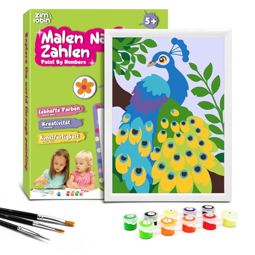 Zimrobin Malen Nach Zahlen für Kinder –13×18cm Malen Nach Zahlen Kinder ab 5 6 7 Jahre Mädchen und Junge，Kreatives Geschenk mit Rahmen 3 Pinsel und Acrylfarben (Eleganter Pfau) von Zimrobin