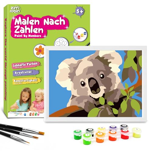 Zimrobin Malen Nach Zahlen für Kinder –13×18cm Malen Nach Zahlen Kinder ab 5 6 7 Jahre Mädchen und Junge，Kreatives Geschenk mit Rahmen 3 Pinsel und Acrylfarben (Grauer Koala) von Zimrobin