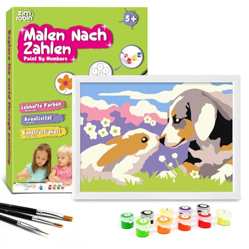 Zimrobin Malen Nach Zahlen für Kinder –13×18cm Malen Nach Zahlen Kinder ab 5 6 7 Jahre Mädchen und Junge，Kreatives Geschenk mit Rahmen 3 Pinsel und Acrylfarben (Kleiner Hund und Hase) von Zimrobin