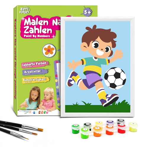 Zimrobin Malen Nach Zahlen für Kinder –13×18cm Malen Nach Zahlen Kinder ab 5 6 7 Jahre Mädchen und Junge，Kreatives Geschenk mit Rahmen 3 Pinsel und Acrylfarben (Kleiner Junge spielt Fussball) von Zimrobin