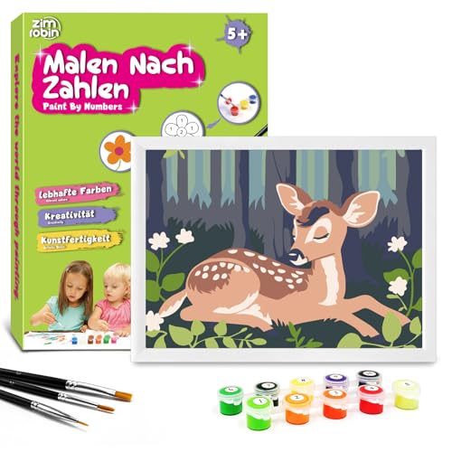 Zimrobin Malen Nach Zahlen für Kinder –13×18cm Malen Nach Zahlen Kinder ab 5 6 7 Jahre Mädchen und Junge，Kreatives Geschenk mit Rahmen 3 Pinsel und Acrylfarben (Kleines Reh im Wald) von Zimrobin