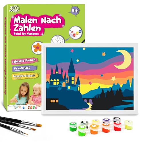 Zimrobin Malen Nach Zahlen für Kinder –13×18cm Malen Nach Zahlen Kinder ab 5 6 7 Jahre Mädchen und Junge，Kreatives Geschenk mit Rahmen 3 Pinsel und Acrylfarben (Kleines Schloss) von Zimrobin