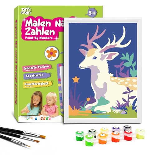 Zimrobin Malen Nach Zahlen für Kinder –13×18cm Malen Nach Zahlen Kinder ab 5 6 7 Jahre Mädchen und Junge，Kreatives Geschenk mit Rahmen 3 Pinsel und Acrylfarben (Mysteriöses Reh) von Zimrobin