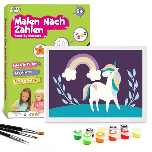 Zimrobin Malen Nach Zahlen für Kinder –13×18cm Malen Nach Zahlen Kinder ab 5 6 7 Jahre Mädchen und Junge，Kreatives Geschenk mit Rahmen 3 Pinsel und Acrylfarben (Nettes Einhorn) von Zimrobin