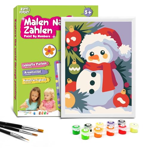 Zimrobin Malen Nach Zahlen für Kinder –13×18cm Malen Nach Zahlen Kinder ab 5 6 7 Jahre Mädchen und Junge，Kreatives Geschenk mit Rahmen 3 Pinsel und Acrylfarben (Niedlicher Schneemann) von Zimrobin