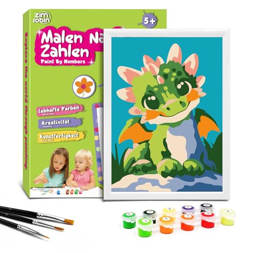 Zimrobin Malen Nach Zahlen für Kinder –13×18cm Malen Nach Zahlen Kinder ab 5 6 7 Jahre Mädchen und Junge，Kreatives Geschenk mit Rahmen 3 Pinsel und Acrylfarben (Niedlicher Stegosaurus) von Zimrobin