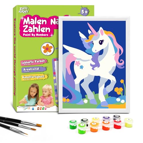 Zimrobin Malen Nach Zahlen für Kinder –13×18cm Malen Nach Zahlen Kinder ab 5 6 7 Jahre Mädchen und Junge，Kreatives Geschenk mit Rahmen 3 Pinsel und Acrylfarben (Niedliches Einhorn) von Zimrobin