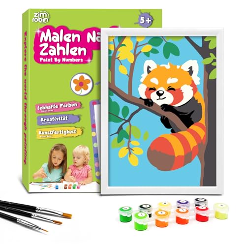 Zimrobin Malen Nach Zahlen für Kinder –13×18cm Malen Nach Zahlen Kinder ab 5 6 7 Jahre Mädchen und Junge，Kreatives Geschenk mit Rahmen 3 Pinsel und Acrylfarben (Roter Panda) von Zimrobin