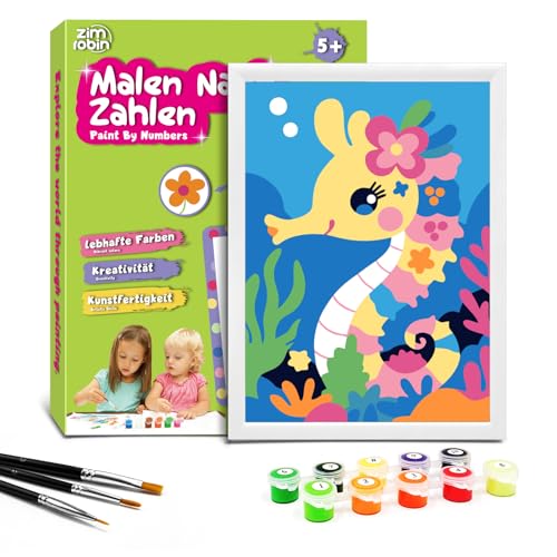 Zimrobin Malen Nach Zahlen für Kinder –13×18cm Malen Nach Zahlen Kinder ab 5 6 7 Jahre Mädchen und Junge，Kreatives Geschenk mit Rahmen 3 Pinsel und Acrylfarben (Schönes Seepferdchen) von Zimrobin