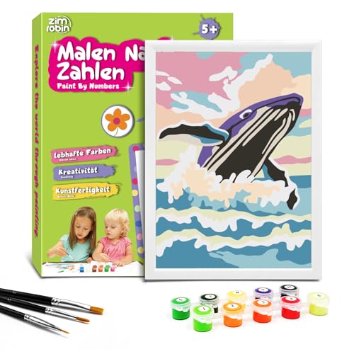 Zimrobin Malen Nach Zahlen für Kinder –13×18cm Malen Nach Zahlen Kinder ab 5 6 7 Jahre Mädchen und Junge，Kreatives Geschenk mit Rahmen 3 Pinsel und Acrylfarben (Schwarzer Wal) von Zimrobin