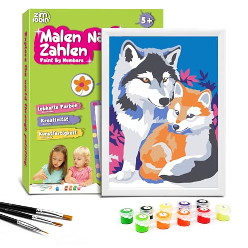 Zimrobin Malen Nach Zahlen für Kinder –13×18cm Malen Nach Zahlen Kinder ab 5 6 7 Jahre Mädchen und Junge，Kreatives Geschenk mit Rahmen 3 Pinsel und Acrylfarben (Wölfe und Füchse) von Zimrobin