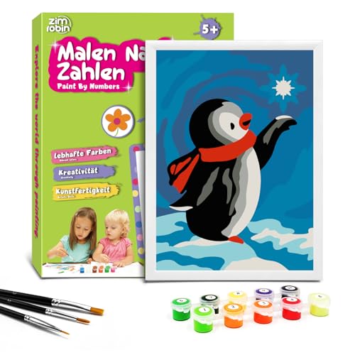 Zimrobin Malen Nach Zahlen für Kinder –13×18cm Malen Nach Zahlen Kinder ab 5 6 7 Jahre Mädchen und Junge，Kreatives Geschenk mit Rahmen 3 Pinsel und Acrylfarben (kleiner Pinguin) von Zimrobin