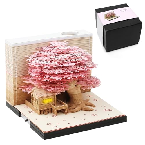 3D-Notizblock mit Licht und Stifthalter, 3D Baumhaus Papierkunst mit Anzeigebox glasklar, Kreative Haftnotizen Desktop-Ornament, Papierskulptur, Geschenk von Zinueen