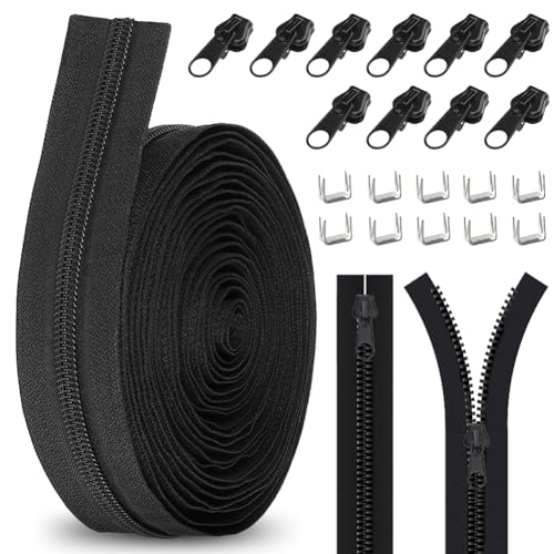 Reißverschluss aus 9 Meter schwarze Nylon #8 mit 20 Metall-Reißverschluss Zipper 100 Spange, Endlosreißverschluss mit zipper für DIY-Nähprojekte an Taschen,Kleidung von Zinueen