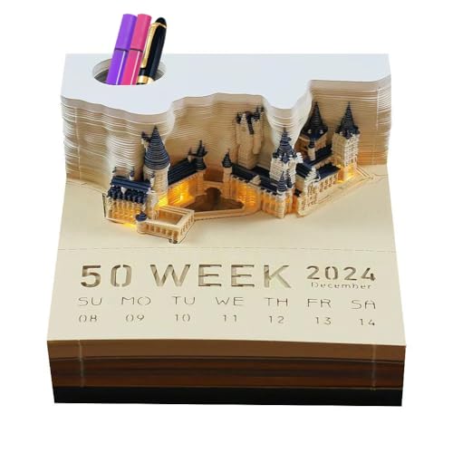 Zinueen 3D-Notizblock, Magic Castle 3d Kalender Abreißen 2024, Kreative Haftnotizen, 2024 Tischkalender-Notizblock, Desktop-Ornament, Papierskulptur, Geschenk (Wochenkalender mit LED) von Zinueen