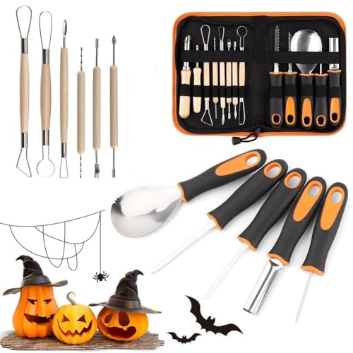 Zinueen Halloween Kürbis Schnitzset, 11 Stück professionelles Kürbisaus Stechwerkzeugset Edelstahl Schnitzwerkzeugset Edelstahl Werkzeug Halloween Dekoration für Kinder Erwachsene (11pcs) von Zinueen