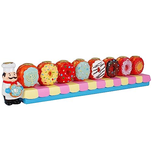 Baker and Donuts Kinder-Kerze, Menora, handbemalt, köstlich, traditionell, Chanukah-Sofganiyott, passend für Standard-Chanukka-Kerzen, Sammlerstück, Chanukiyas von Zion Judaica von Zion Judaica Ltd