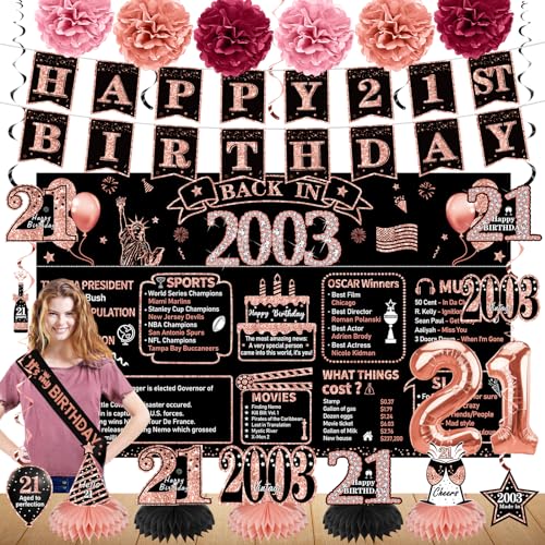 21. Geburtstag Dekorationen für Frauen, 21 Stück Back in 2003 Banner Party Supplies, Rose Gold 21 Jahre alt Geburtstag Hintergrund Vintage 21 Geburtstag Waben Mittelstück hängende Wirbel Ballon von Zirtorei