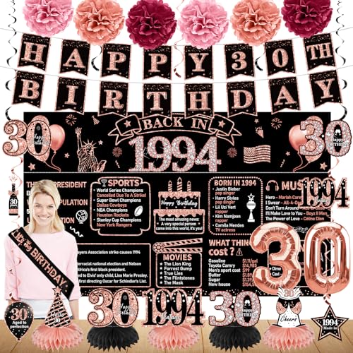 Dekorationen zum 30. Geburtstag für Frauen, 21 Stück Back in 1994 Banner Partyzubehör, Roségold 30 Jahre alt Geburtstag Hintergrund, Vintage 30. Geburtstag Wabenaufsatz hängende Wirbel Ballon Schärpe von Zirtorei