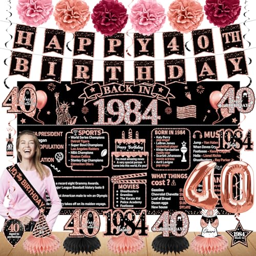 Dekorationen zum 40. Geburtstag für Frauen, 21 Stück Back in 1984 Banner Party Supplies, Roségold 40 Jahre alt Geburtstag Hintergrund, Vintage 40 Geburtstag Waben Mittelstück hängende Wirbel Ballon von Zirtorei