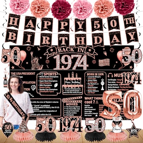 Dekorationen zum 50. Geburtstag für Frauen, 21 Stück Back in 1974 Banner Partyzubehör, Roségold 50 Jahre alt Geburtstag Hintergrund, Vintage 50 Geburtstag Waben Mittelstück hängende Wirbel Ballon von Zirtorei