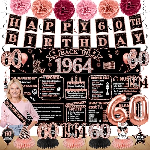 Dekorationen zum 60. Geburtstag für Frauen, 21 Stück Back in 1964 Banner Partyzubehör, Roségold 60 Jahre alt Geburtstag Hintergrund, Vintage 60 Geburtstag Waben Mittelstück hängende Wirbel Ballon von Zirtorei