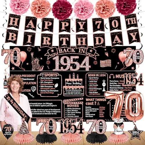 Dekorationen zum 70. Geburtstag für Frauen, 21 Stück Back in 1954 Banner Partyzubehör, Roségold 70 Jahre alt Geburtstag Hintergrund, Vintage 70 Geburtstag Waben Mittelstück hängende Wirbel Ballon von Zirtorei