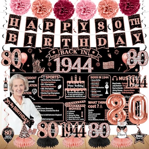 Dekorationen zum 80. Geburtstag für Frauen, 21 Stück Back in 1944 Banner Partyzubehör, Roségold 80 Jahre alt Geburtstag Hintergrund, Vintage 80 Geburtstag Waben Mittelstück hängende Wirbel Ballon von Zirtorei