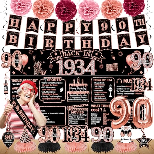 Dekorationen zum 90. Geburtstag für Frauen, 21 Stück Back in 1934 Banner Partyzubehör, Roségold 90 Jahre alt Geburtstag Hintergrund, Vintage 90 Geburtstag Waben Mittelstück hängende Wirbel Ballon von Zirtorei