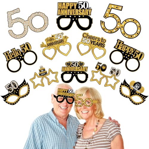 Zirtorei Papierbrillen-Dekorationen zum 50. Hochzeitstag, Schwarz-Gold, Partyzubehör zum 50. Hochzeitstag, Party-Zubehör, Prost bis zum 50. Hochzeitstag, Hochzeitsbrille, Foto-Requisiten, Dekoration, von Zirtorei