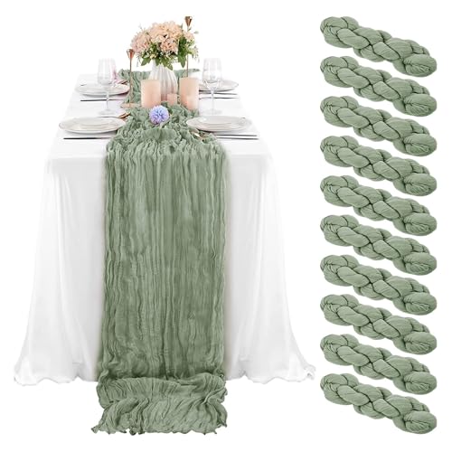 Zjyufy 10 Stück Käsetuch Tischläufer Salbeigrün Bohemian Grün Gaze Käsetuch Rustikal Scher für Hochzeit für Hochzeitsfeier Brautparty Tischdekoration Party 35.43*118.11'' von Zjyufy