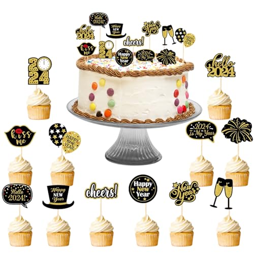 Frohes Neues Jahr Cupcake Toppers, 24 Stücke Frohe Silvester Dekoration 2025, Silvester Tortendeko, Muffin Cake Toppers, Silvester Partydekorationen für Tafelkuchen Dekorationen Silvester Party Gunst von Zkaoai