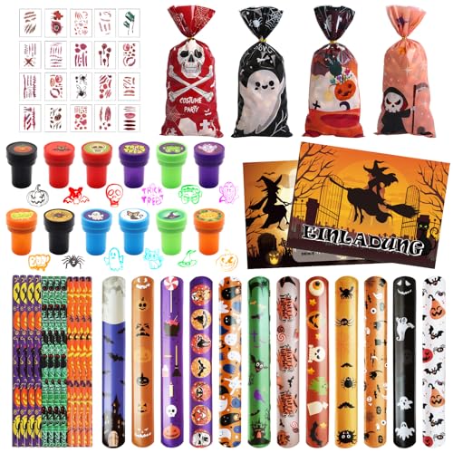 Halloween Party Mitgebsel, 80 Stück Halloween Party Spielzeug, Halloween Partygeschenke, Halloween Mitgebsel Kinder, Temporäre Tattoos für Kinder Geschenk Tüten/Slap Armbänder/Einladungskarten/Stempel von Zkaoai