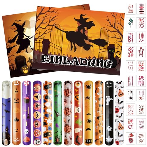 Halloween Einladungskarten Set, 12 Karten Halloween Party Einladung + 12 Stück Halloween Schnapparmband Kinder + 20 Blatt Halloween Tattoo Aufkleber, Bunte Schnapparmbänder für Kinder Mädchen Jungen von Zkaoai