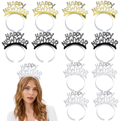 12 Stück Happy New Year Haarreif, Silvester Haarreif Kopfbedeckung, Happy New Year Stirnband, Neujahr Accessoires Haarreifen, Neujahr Fotorequisiten Weihnachten Haarschmuck Party Kostüm Zubehör von Zkaoai