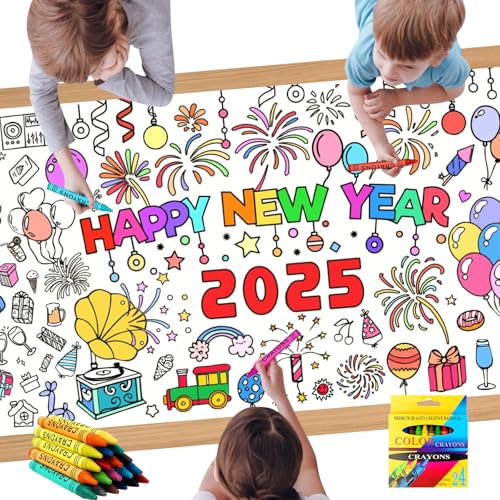 Zkaoai Silvester Tischdecke 2025, Ausmaltischdecke Weihnachten, Ausmaltischdecke Kinder 183 x 76cm und 12 Buntstifte, Maltischdecke für Kinder, Silvester Basteln Kinder für Neujahr Supplies von Zkaoai