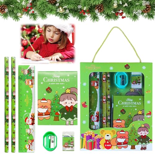 Zkaoai Weihnachten Schreibwaren Set, 6 Stücke Schreibwaren Geschenkset, Weihnachtsstifte, Weihnachten Notizbuch, Radiergummi Weihnachten, Anspitzer, Lineal, Geeignet für Mitgebsel Weihnachten Kinder von Zkaoai