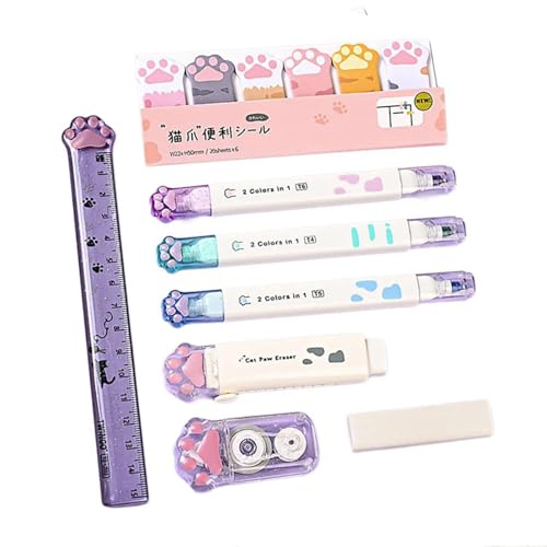 Zktfyshk Cats Paws Schreibwaren-Set mit Stifteetui, Lineal, Textmarker, Stift, einziehbarer Radiergummi, weißes Korrekturband, kleine Notizen von Zktfyshk