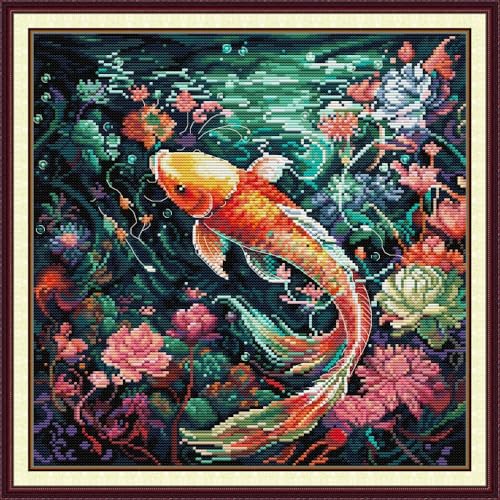 Zleiubisa Koi DIY Kreuzstich Stoff 45x46cm mit Zubehör 11K Vorgedruckt Stickset für Erwachsene Anfänger (Koi) von Zleiubisa