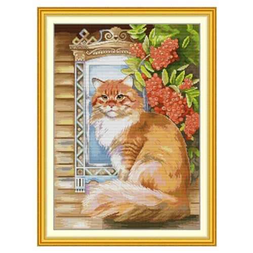 Zleiubisa Kreuzstich "Die Katze im Fenster" zum Selbermachen, 38 x 52 cm, Stoff mit Zubehör, 14 Karat vorgedruckte, geprägte Sticksets für Erwachsene und Anfänger (Katze) von Zleiubisa