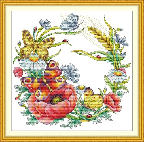 Zleiubisa Kreuzstich mit Blumen, Schmetterlingen, Bastelarbeiten, 36 x 36 cm, Stoff mit Zubehör, 14 Karat vorgedruckte, geprägte Sticksets für Erwachsene und Anfänger (Ketten-Sinnet) von Zleiubisa